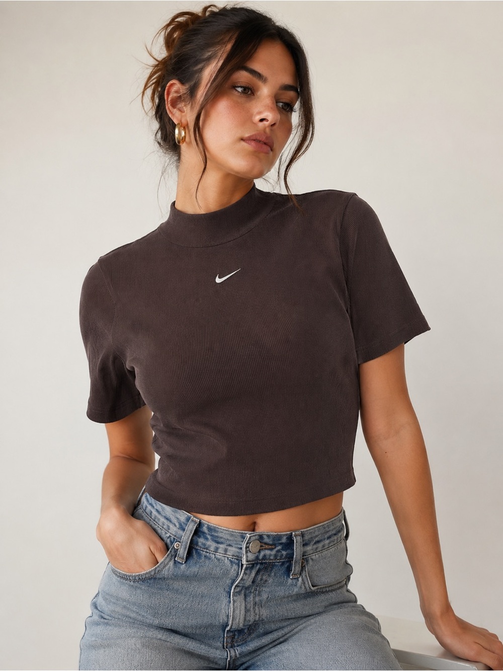 Nike Women's Mock Neck Ribbed Crop Top in Dark Brown